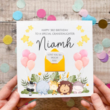 Load image into Gallery viewer, Personalised Birthday Card – Little Girl Card With Cute Safari Animals &amp; Custom Name