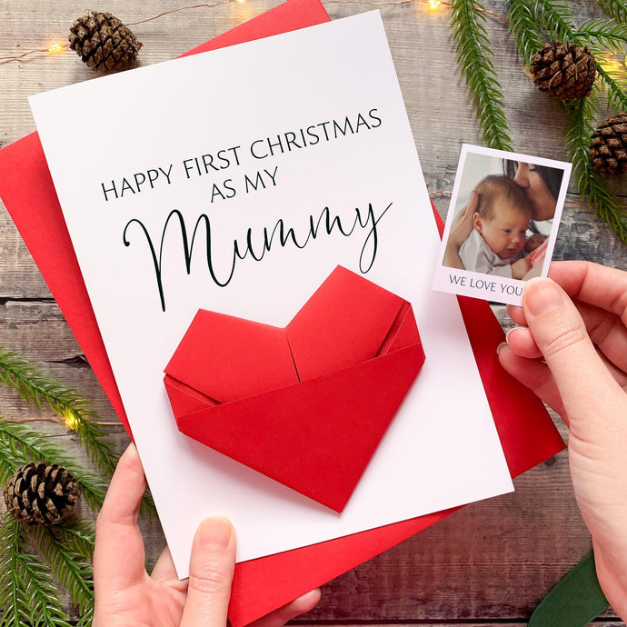 First Christmas Mummy Card – Personalised Origami Heart Keepsake Photo Gift A5
