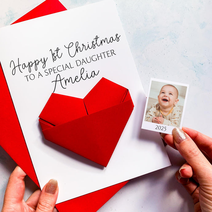 Baby Girl's 1st Christmas Card - Personalised Origami Heart Keepsake Gift A5