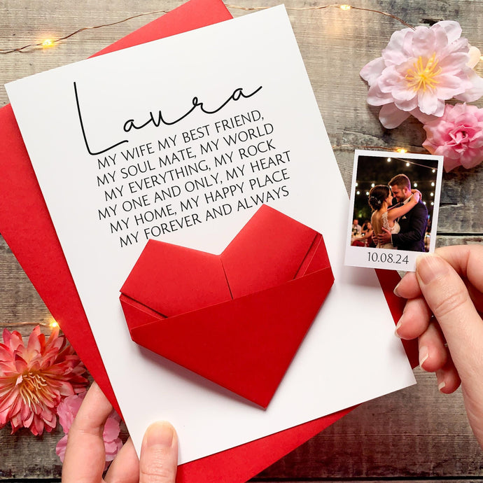 Personalised Anniversary Card - Handmade Keepsake Gift With Origami Heart & Photo
