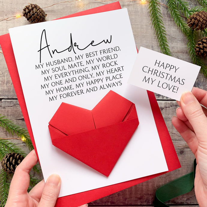 Personalised Husband Christmas Card - Handmade Keepsake Gift With Origami Heart