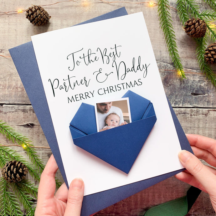 Personalised Christmas Card – Origami Heart Card Keepsake Photo Gift for Partner & New Daddy