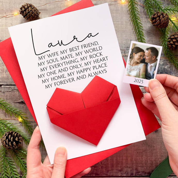 Personalised Wife Christmas Card - Handmade Keepsake Gift With Origami Heart & Photo