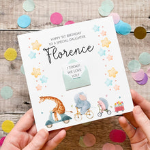 Load image into Gallery viewer, 1st Birthday Card – Personalised Animal Design | Handmade UK Silk Cardstock