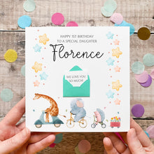Load image into Gallery viewer, 1st Birthday Card – Personalised Animal Design | Handmade UK Silk Cardstock