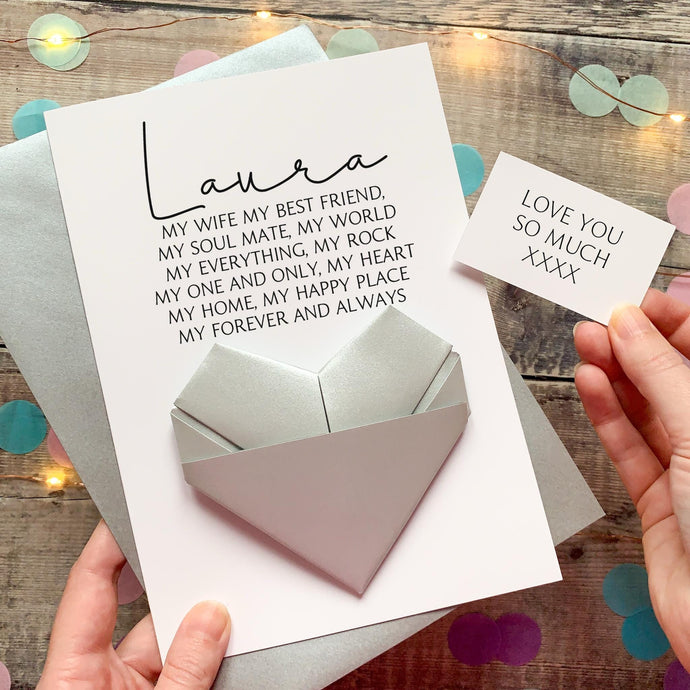 Personalised Wife Christmas Card - Handmade Keepsake Gift With Origami Heart