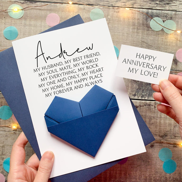 Personalised Husband Anniversary Card | Custom Origami Heart & Romantic Keepsake Gift