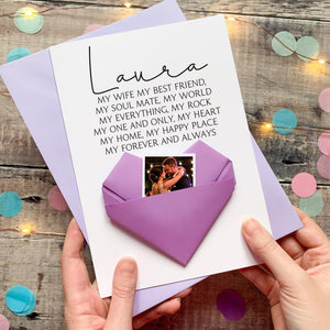 Personalised Anniversary Card - Handmade Keepsake Gift With Origami Heart & Photo