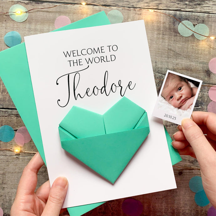 New Baby Card - Handmade Keepsake With Custom Baby Portrait & Origami Heart Gift