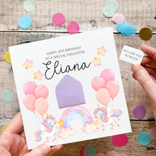 Load image into Gallery viewer, Personalised Unicorn Birthday Card - Cute Pink Card With Secret Message &amp; Rainbow Pastel Design