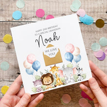 Load image into Gallery viewer, Personalised Birthday Card – Jungle Theme Animal Design With Custom Age &amp; Mini Envelope