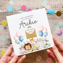 Load image into Gallery viewer, 2nd Birthday Card Son - Personalised Jungle Animal Theme With Custom Age &amp; Mini Envelope