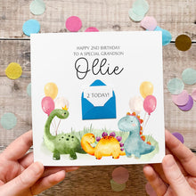 Load image into Gallery viewer, 2nd Birthday Card - Personalised Dinosaur Card With Custom Watercolour Dino Art