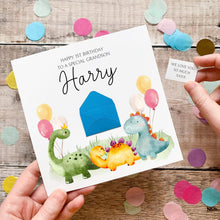 Load image into Gallery viewer, Personalised Dinosaur Card - Handmade Kids Birthday Card With Watercolour Dino Art &amp; Mini Envelope