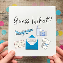 Load image into Gallery viewer, Holiday Reveal Card - Personalised Travel Surprise With Blue Graphics, Handmade UK Silk