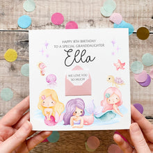 Load image into Gallery viewer, Personalised Mermaid Birthday Card – Pink Handmade Silk Keepsake For Granddaughter