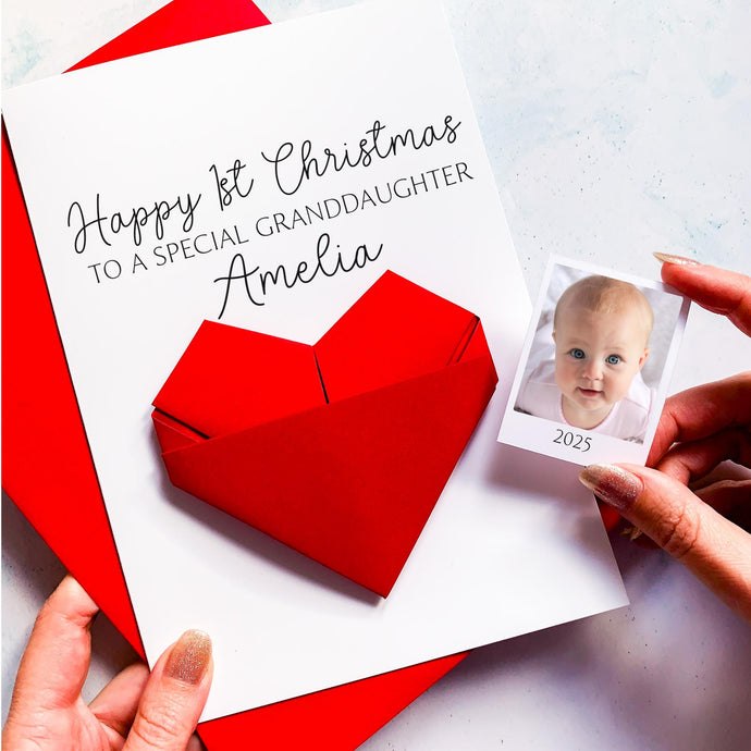 Personalised Baby 1st Christmas - Handmade Keepsake Card With Origami Heart Design