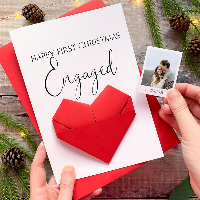 1st Christmas Engaged Card – Personalised Origami Heart Keepsake Photo Gift