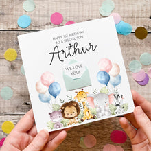 Load image into Gallery viewer, 1st Birthday Card Son - Personalised Jungle Animal Greeting With Cute Safari Theme