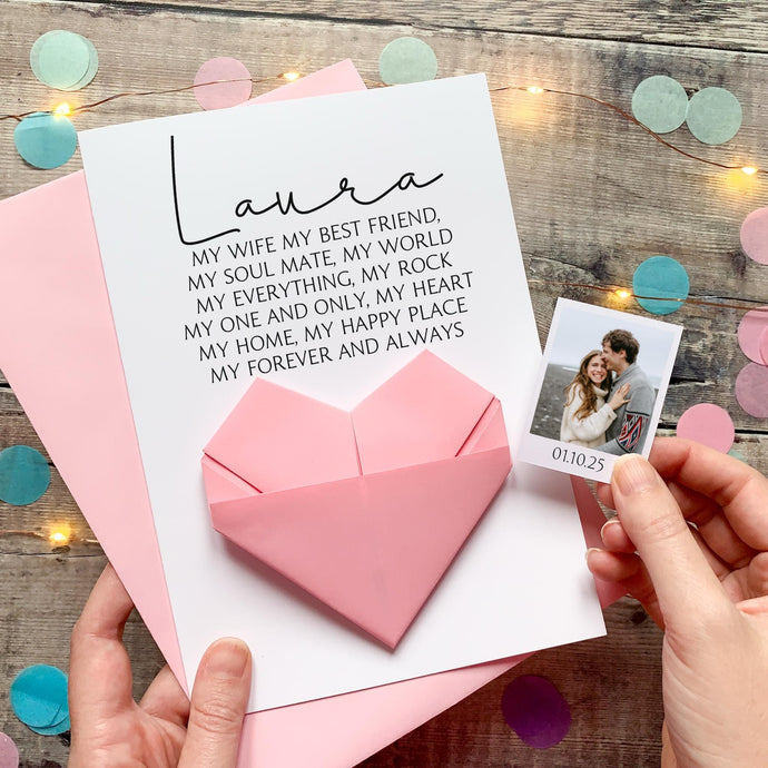 Personalised Wife Birthday Card - Handmade Keepsake Gift With Origami Heart & Photo