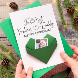 Personalised Christmas Card – Origami Heart Card Keepsake Photo Gift for Partner & New Daddy