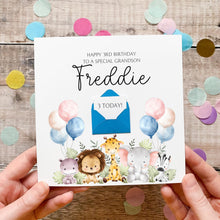 Load image into Gallery viewer, 3rd Birthday Card - Personalised Jungle Animal Card With Mini Envelope, Custom Age