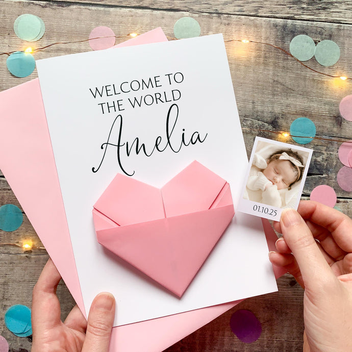 New Baby Card – Handmade Keepsake with Origami Heart Gift | Personalised Baby Greetings