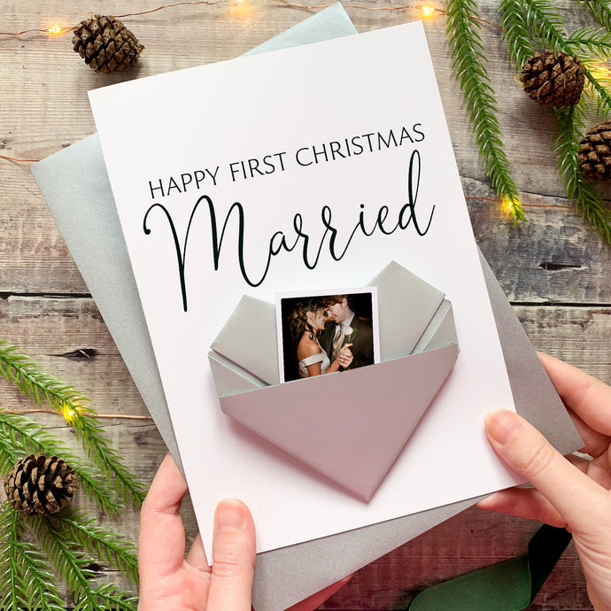 First Christmas Card - Personalised Origami Heart Keepsake Gift | Large A5 Photo Insert