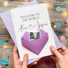 Load image into Gallery viewer, Welcome Twins Card – Handmade Keepsake With Origami Heart | Newborn Baby Gift
