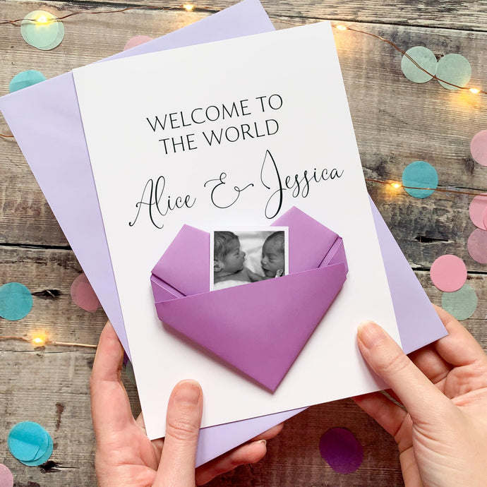 Welcome Twins Card – Handmade Keepsake With Origami Heart | Newborn Baby Gift