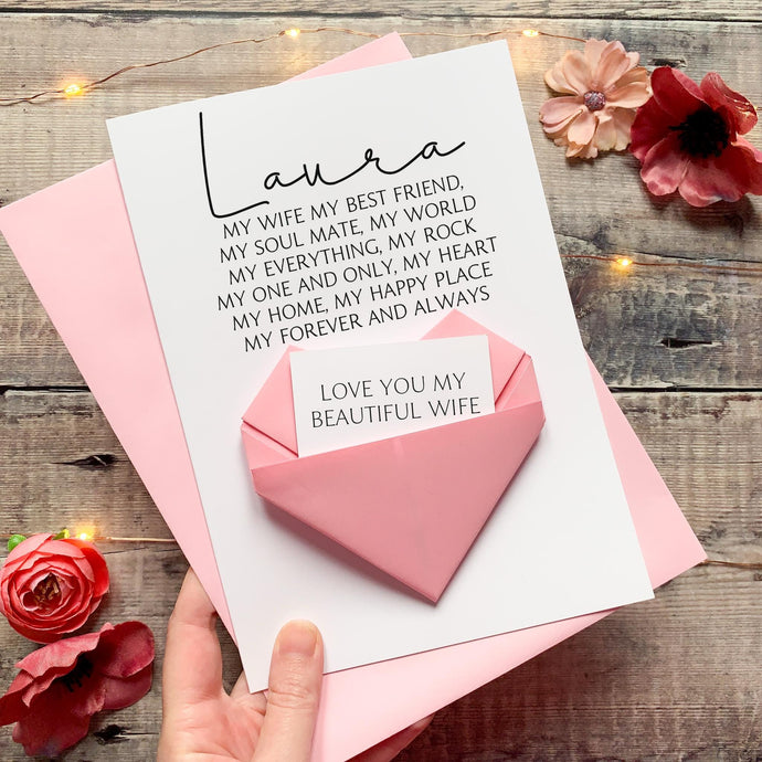 Personalised Wife Birthday Card - Handmade Keepsake Gift With Origami Heart