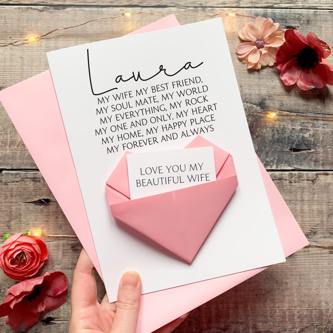 Personalised Wife Birthday Card - Handmade Keepsake Gift With Origami Heart
