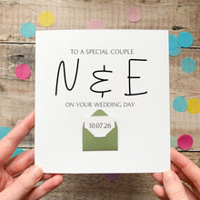 Load image into Gallery viewer, Personalised Wedding Card – Handmade White Silk Square 150mm With Kraft Envelope