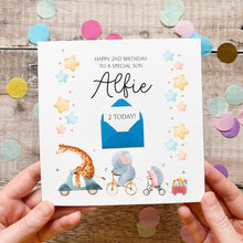 Load image into Gallery viewer, Son Birthday Card - Personalised Jungle Safari Design With Cute Bike Riding Animals