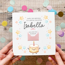 Load image into Gallery viewer, Gift For Little Girl - Personalised Pink Cake Birthday Card | Handmade UK Silk Paper