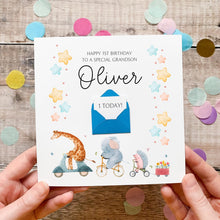 Load image into Gallery viewer, Little Boy Birthday Card - Personalised Safari Animal Design With Hidden Message, Custom Age