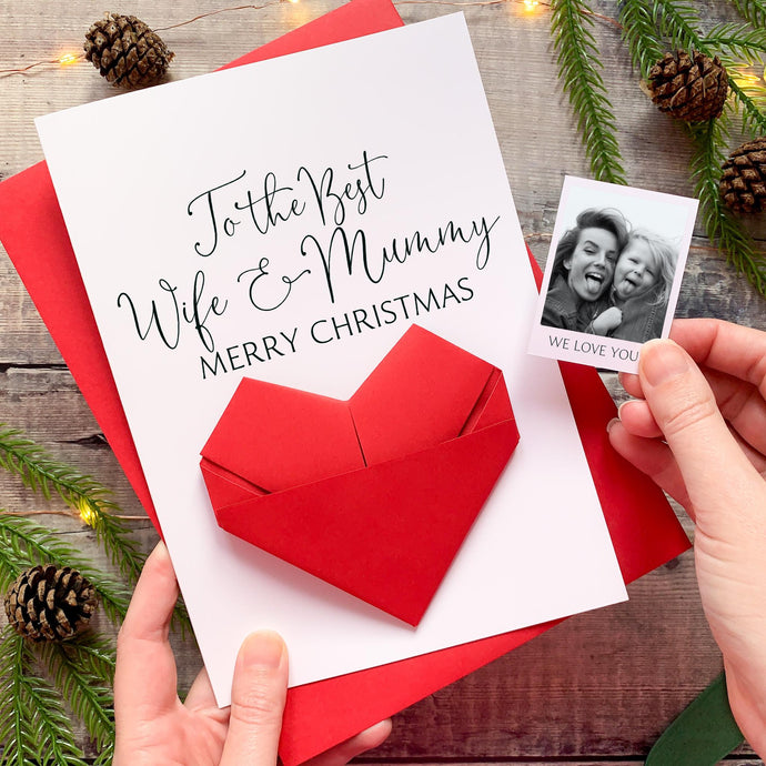 Personalised Christmas Card - Handmade Origami Heart Fold Design Keepsake Photo Gift A5