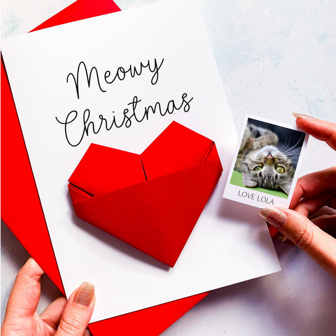 Personalised Cat Christmas Card – Handmade Origami Heart Photo Keepsake Gift