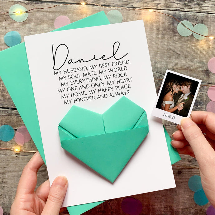Personalised Husband Anniversary Card – Handmade Keepsake Gift With Origami Heart & Photo