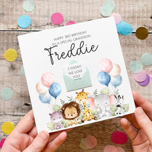 Load image into Gallery viewer, 3rd Birthday Card - Personalised Jungle Animal Card With Mini Envelope, Custom Age