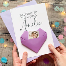 Load image into Gallery viewer, New Baby Card - Handmade Keepsake With Custom Baby Portrait &amp; Origami Heart Gift