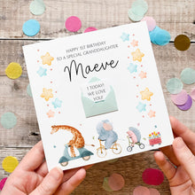 Load image into Gallery viewer, 1st Birthday Card - Personalised Jungle Animal Bike Riding Design on Silk Cardstock