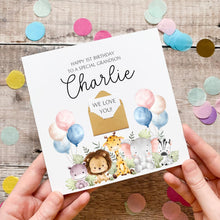 Load image into Gallery viewer, Little Boy Birthday Card – Jungle Safari Theme With Cute Baby Animals &amp; Personalised Keepsake