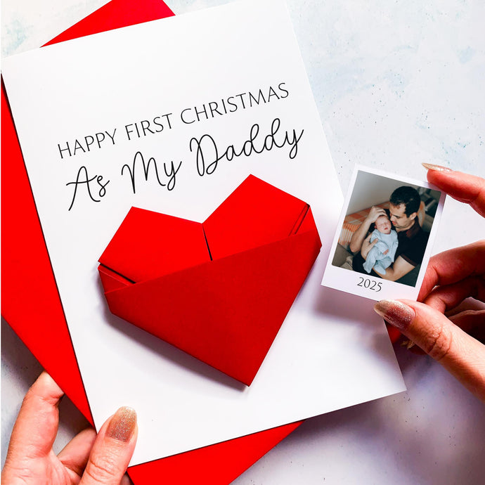 Personalised 1st Christmas Card – Origami Heart Photo Keepsake Gift for New Dad