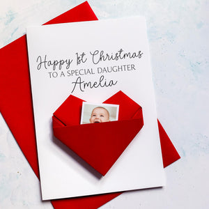 Baby Girl's 1st Christmas Card - Personalised Origami Heart Keepsake Gift A5