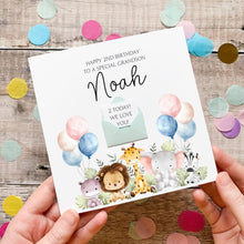 Load image into Gallery viewer, Personalised Birthday Card – Jungle Theme Animal Design With Custom Age &amp; Mini Envelope
