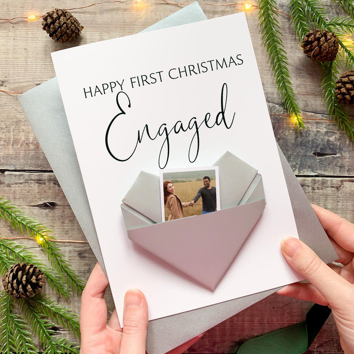 First Christmas Engaged Card – Personalised Origami Heart Keepsake Photo Gift