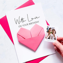 Load image into Gallery viewer, Personalised Birthday Card With Origami Heart Keepsake – Handmade Photo Gift For Mum
