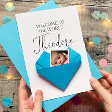 Load image into Gallery viewer, New Baby Card - Handmade Keepsake With Custom Baby Portrait &amp; Origami Heart Gift