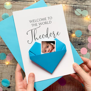 New Baby Card - Handmade Keepsake With Custom Baby Portrait & Origami Heart Gift